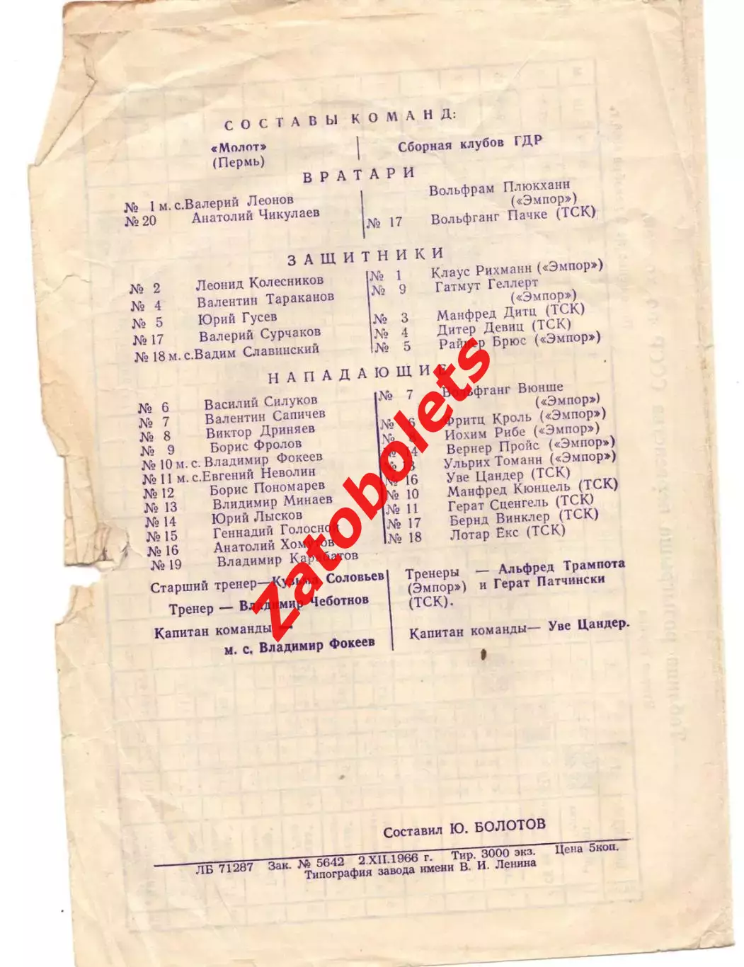 Молот Пермь - сборная клубов ГДР 1966 1