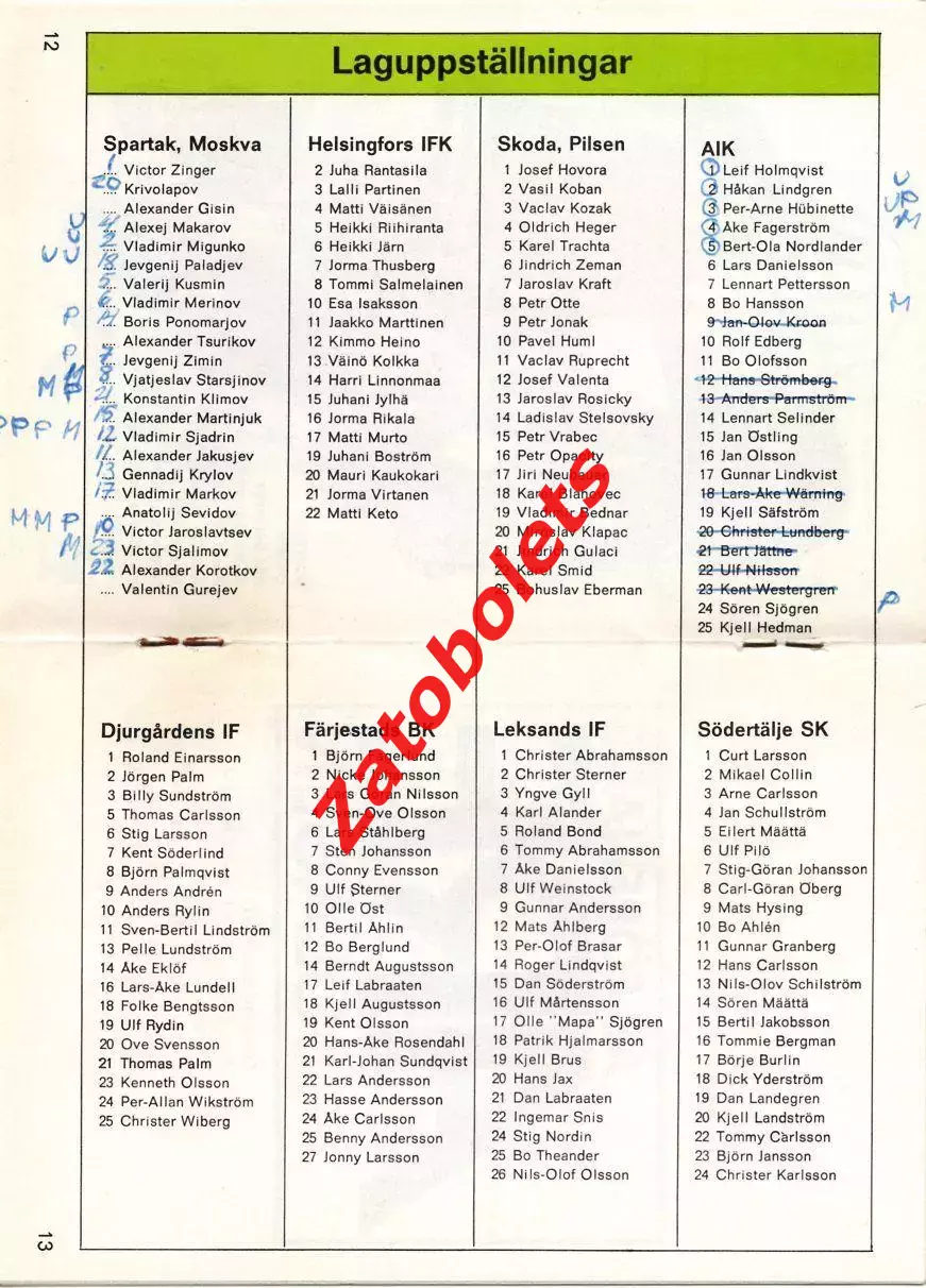 Хоккей Кубок Ахерна 1970 - 1971 Спартак Москва Шкода АИК Лександ Седертелье 2