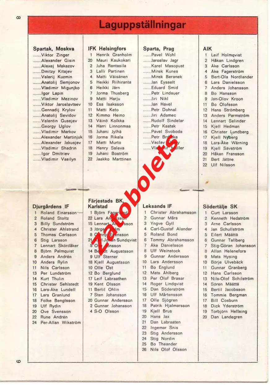 Хоккей Кубок Ахерна 1969 - 1970 Спартак Москва Спарта Прага АИК Лександ 2