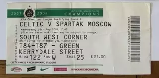 Билет Селтик Шотландия - Спартак Москва Россия 2007 Лига Чемпионов
