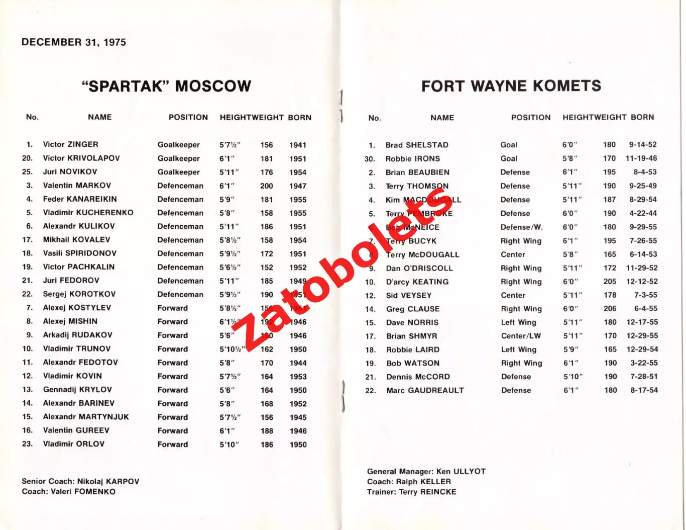 Форт Уэйн - СССР / Спартак Москва 1975 1