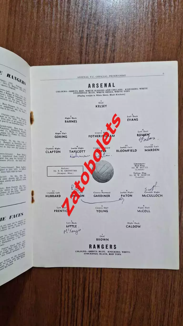 Арсенал Лондон Англия - Глазго Рейнджерс Шотландия 1955 1