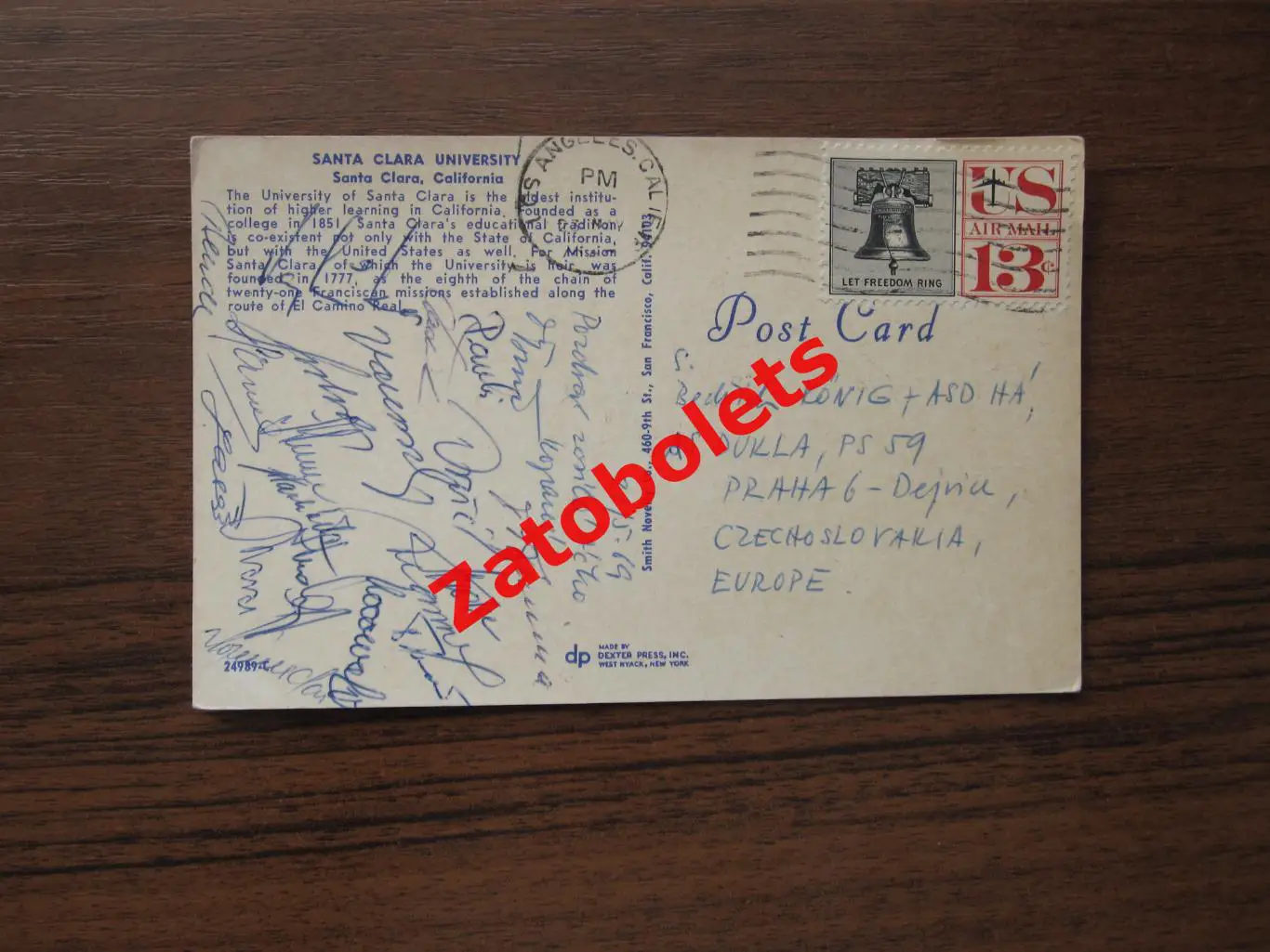 Автографы команды Дукла Прага/Dukla Praha ЧССР 1969 Штемпель Лос-Анджелес 7