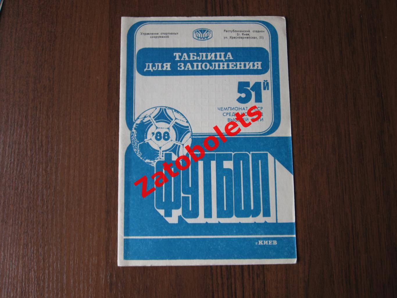 Таблица для заполнения чемпионат СССР 1988 Календарь Динамо Киев