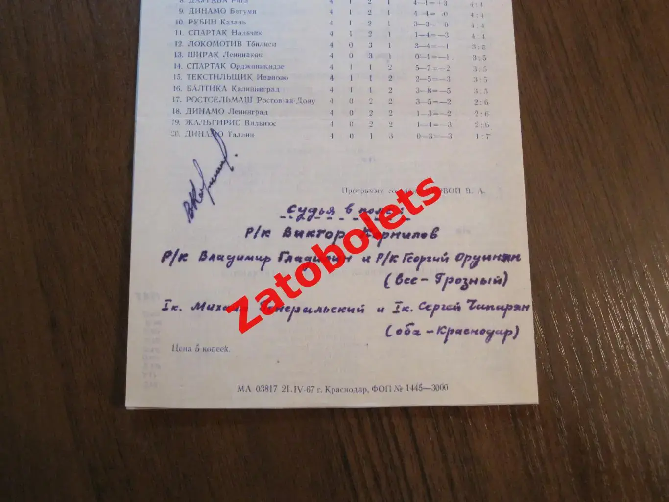 Автограф Виктор Корнилов Грозный Судья/арбитр Кубань - Динамо Ставрополь 1967 1