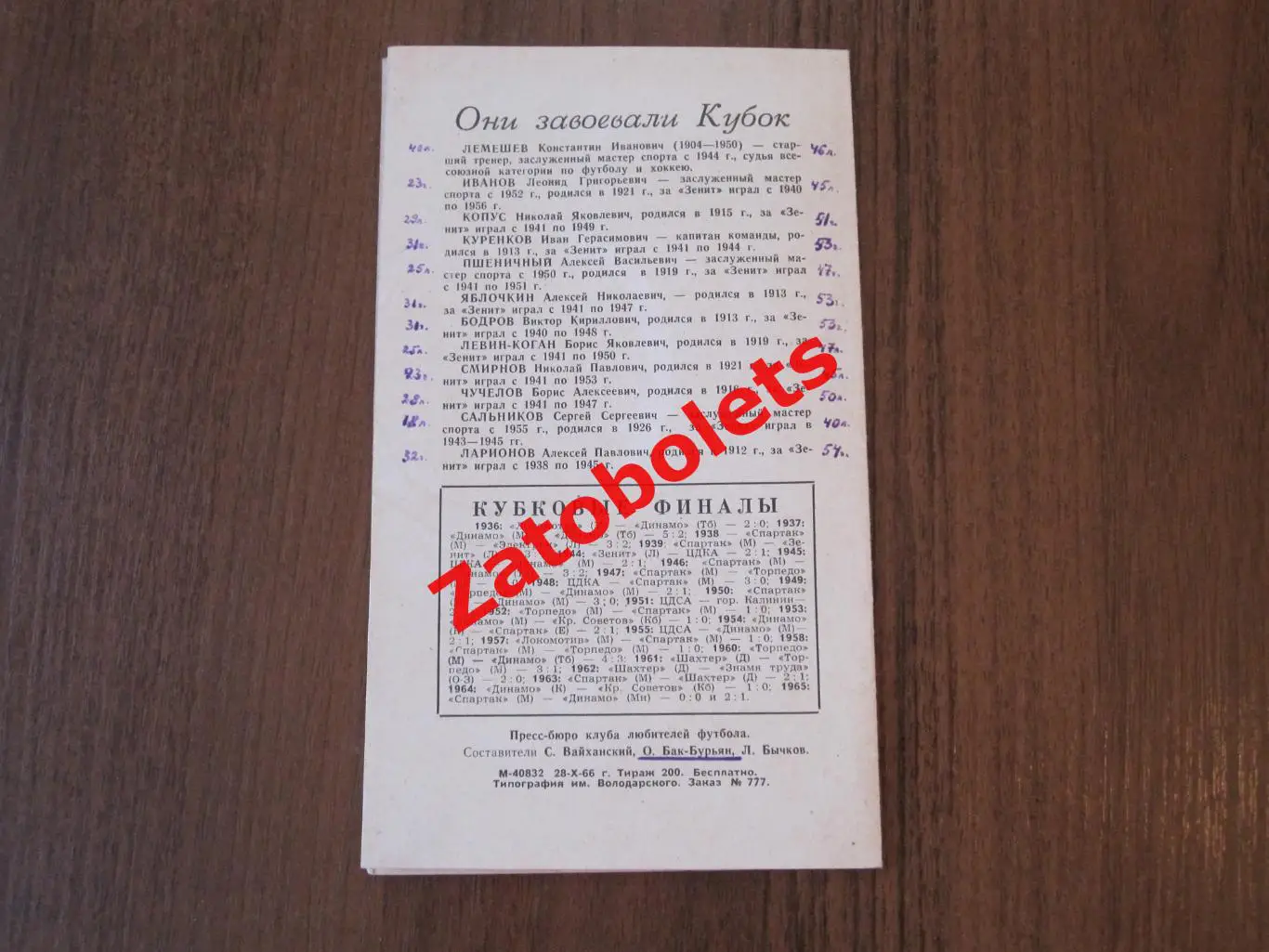 Буклет Зенит Ленинград 1966 22-летие победы в Кубке СССР по футболу 1