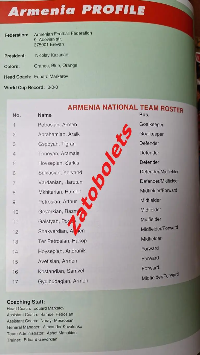 США - Армения 1994 Товарищеский матч 1