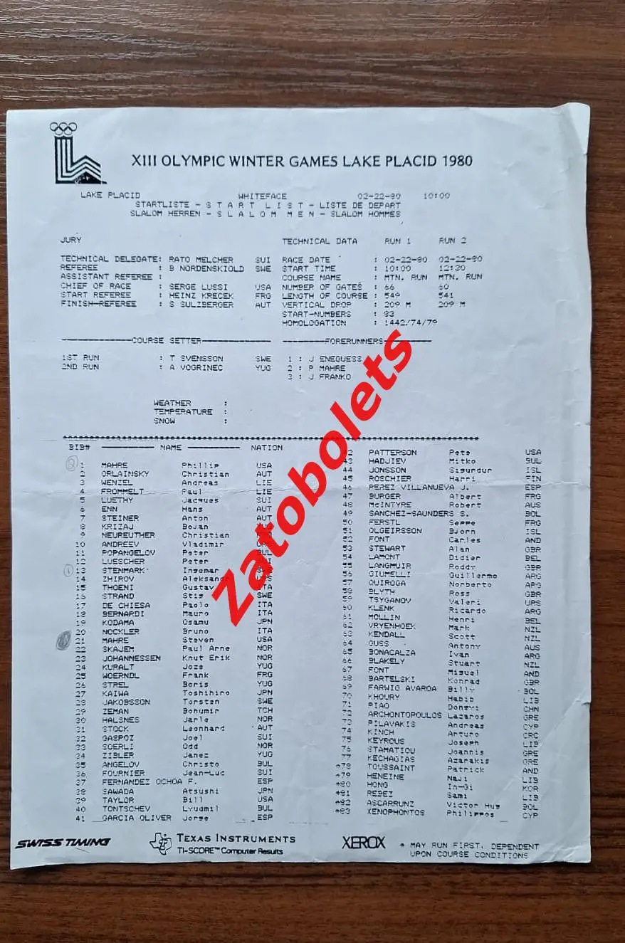 Олимпийские Игры Олимпиада Лейк-Плэсид 1980 США Слалом мужчины Стартовый протоко