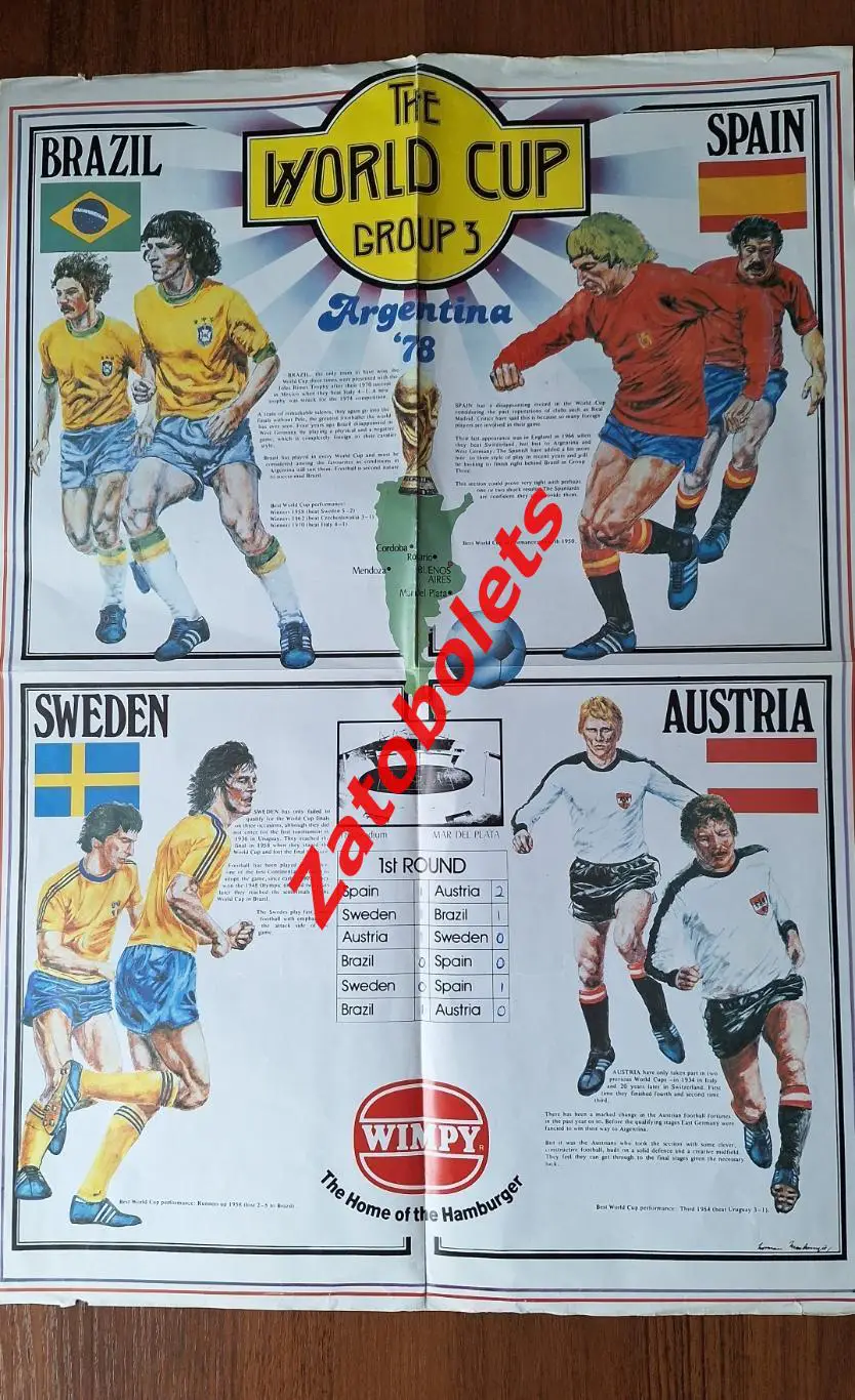 Плакат Постер Чемпионат Мира 1978 Группа 3 Бразилия Испания Швеция Австрия