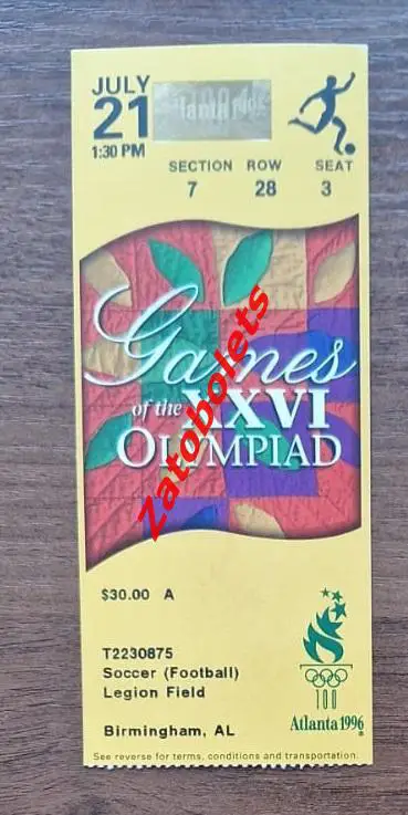 Билет Германия - Япония жен / Италия - Мексика мужчины 1996 Олимпийские Игры
