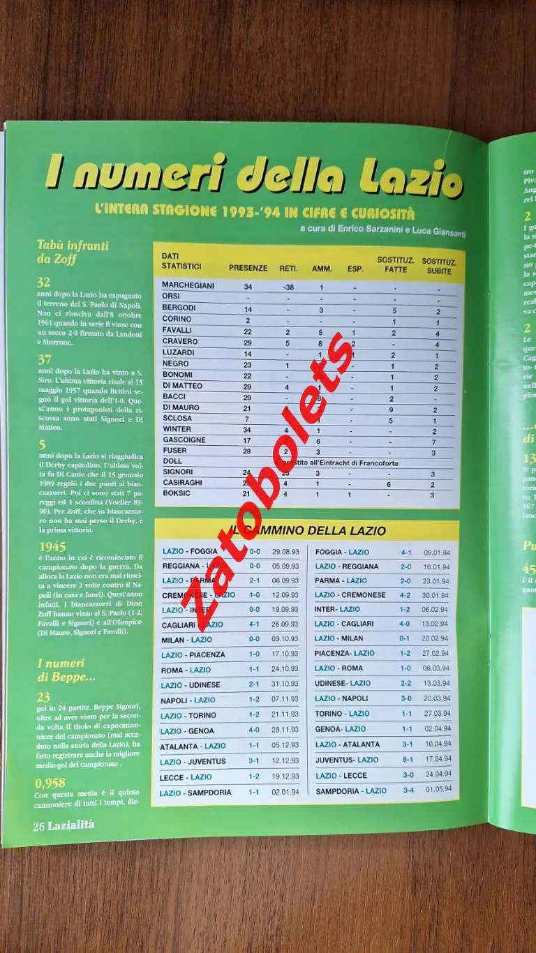 Футбол Lazialite Официальный клубный журнал Лацио Италия 1994 5