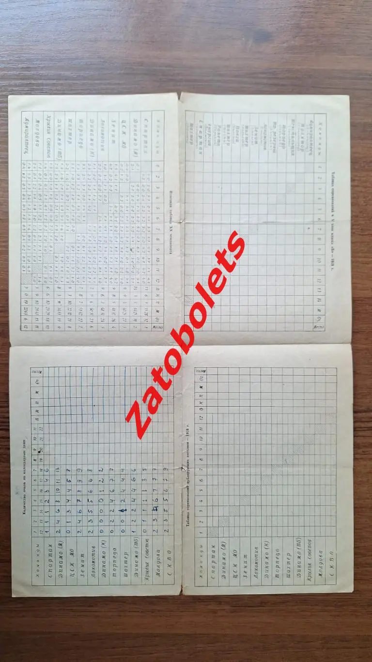 Таблица для заполения 1959 / Итоговая таблица 1958 Фото Спартак, Зенит