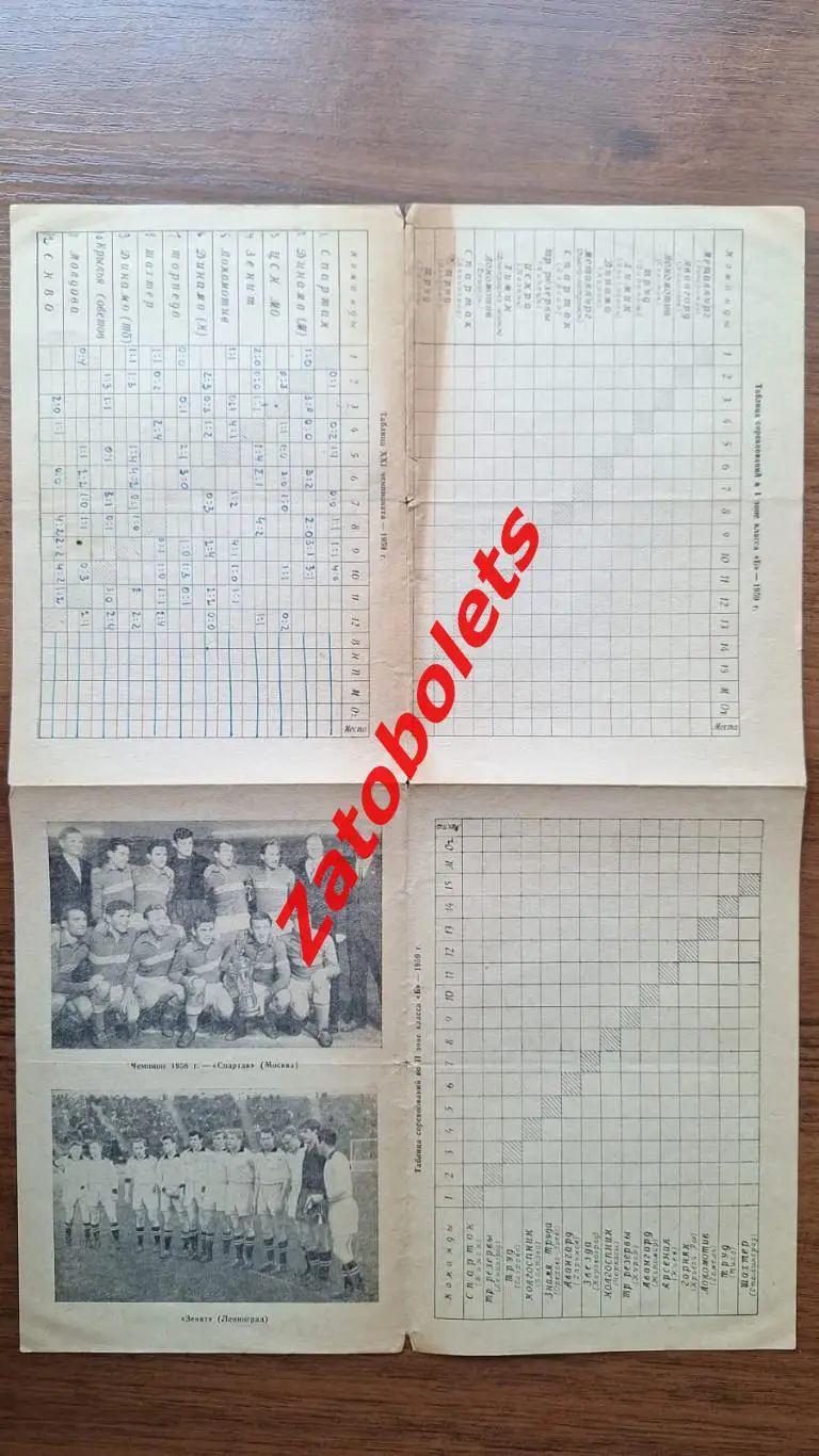 Таблица для заполения 1959 / Итоговая таблица 1958 Фото Спартак, Зенит 1