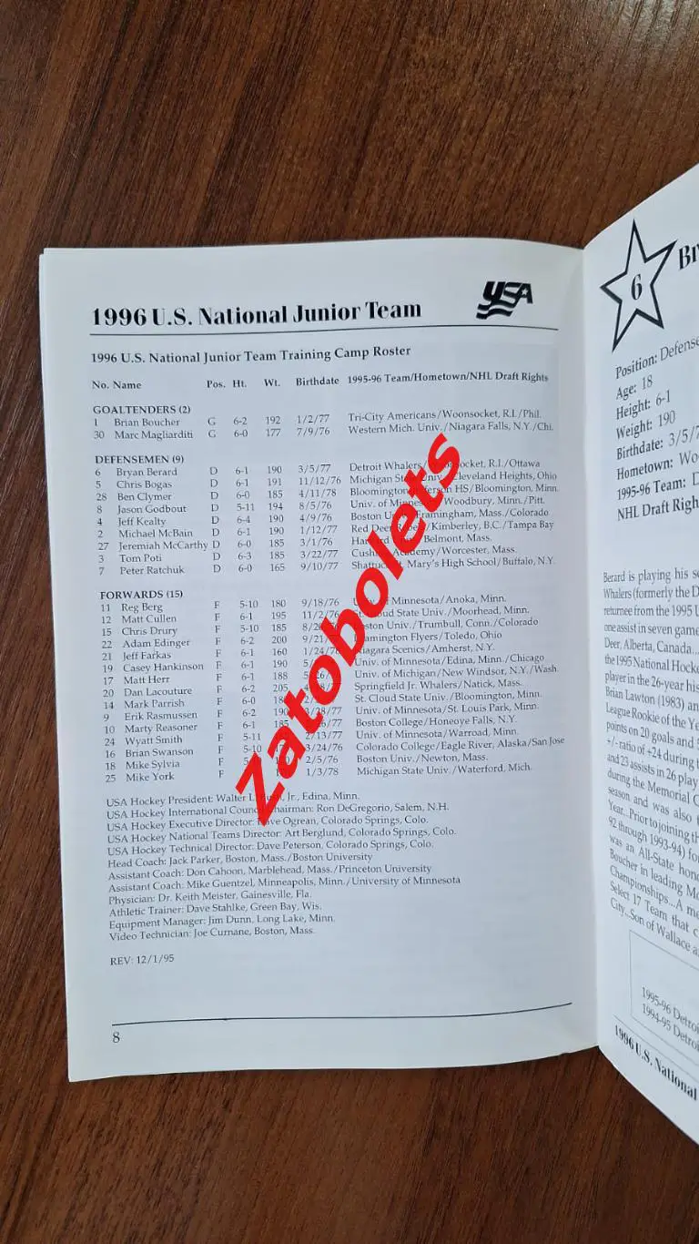 Хоккей Чемпионат Мира США 1996 Молодежные Россия Украина Media Guide сборной США 2