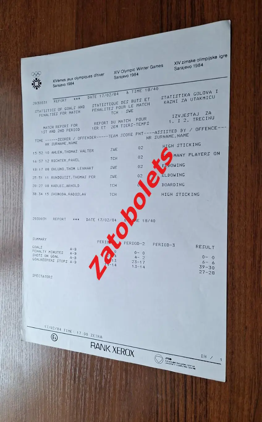 Олимпийские Игры Олимпиада 1984 Сараево ЧССР - Швеция Протокол удалений