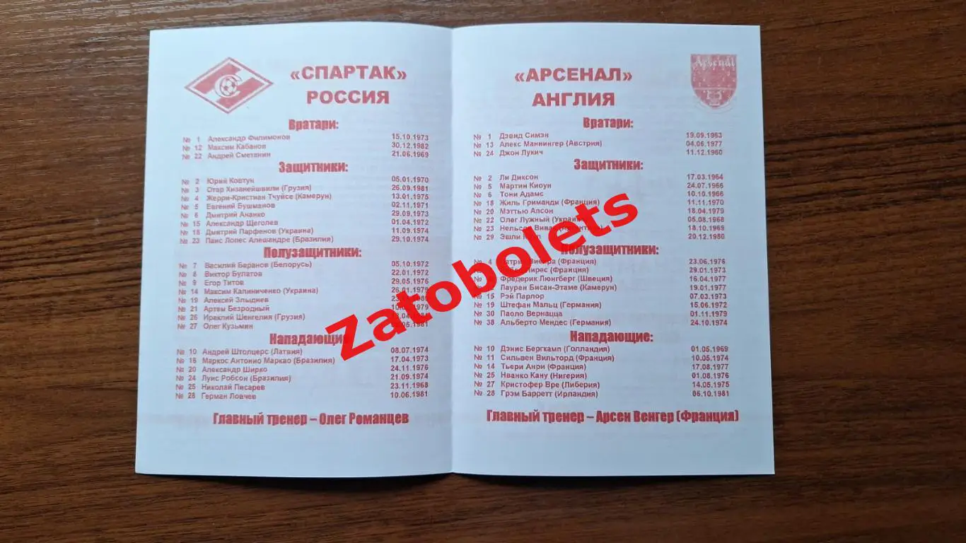 Спартак Москва - Арсенал Лондон Англия 22.11.2000 Лига Чемпионов** 1