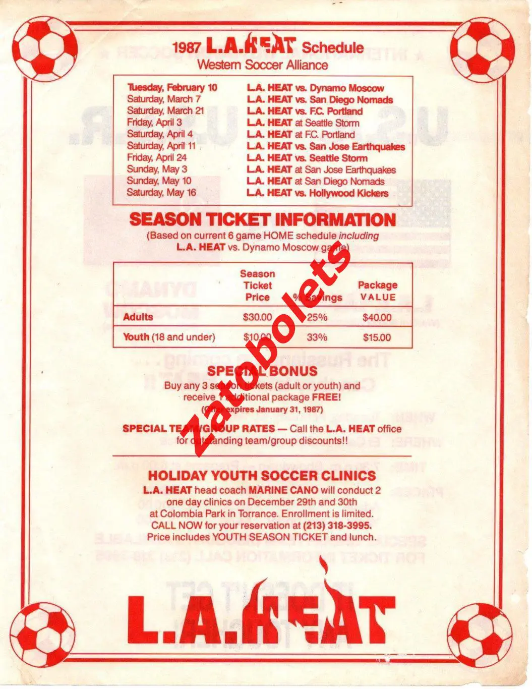 Программа-флаер Лос-Анделес Хит США - Динамо Москва СССР 10.02.1987 1