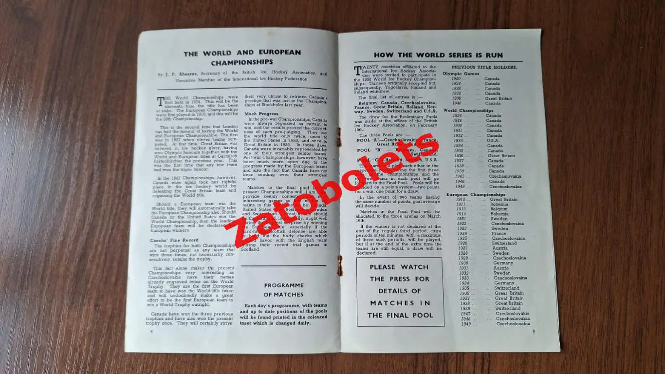 Чемпионат мира и Европы по хоккею 13-22.03.1950 Великобритания Группы 2