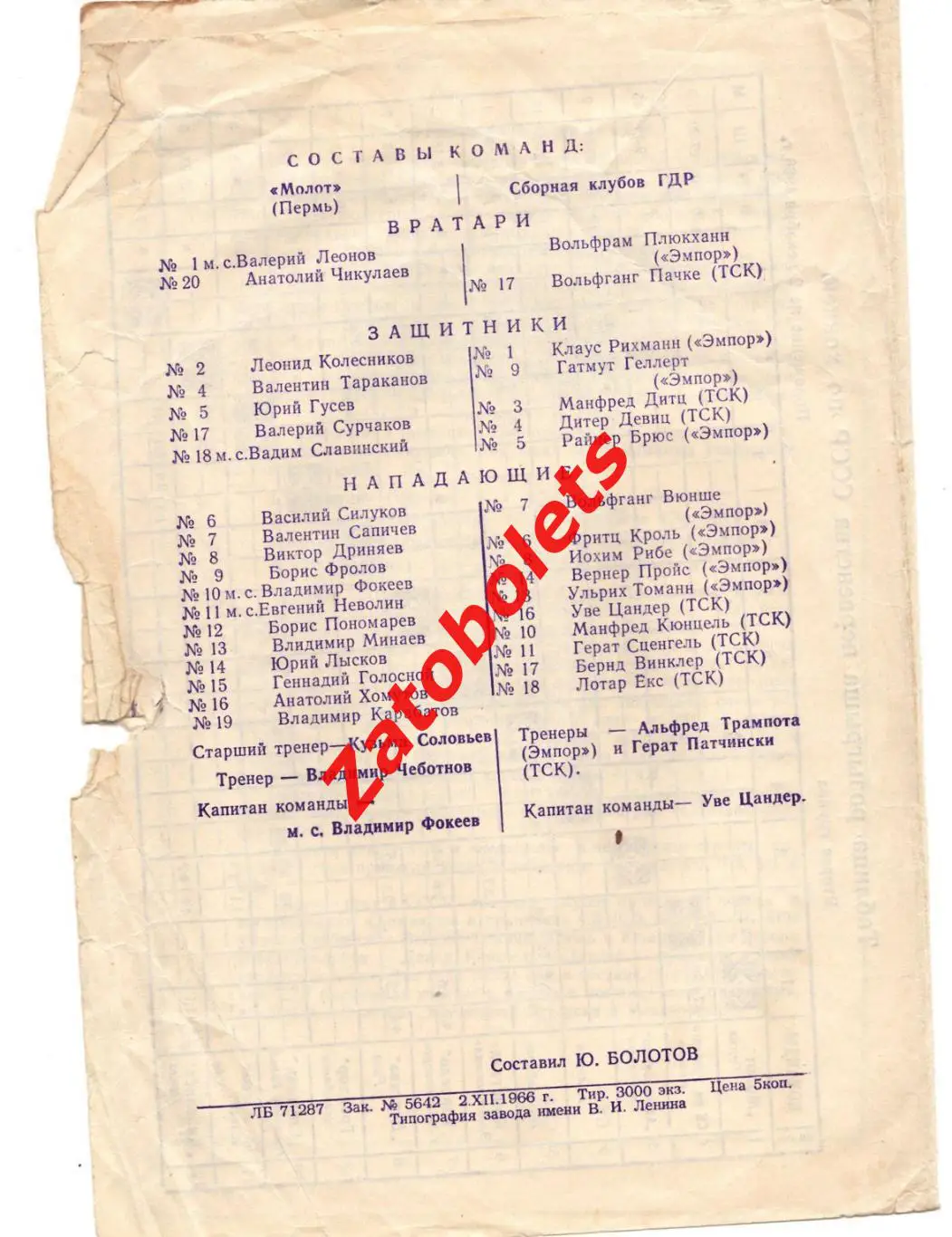 Молот Пермь - сборная клубов ГДР 1966 1