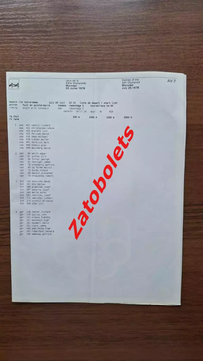 Гребля Олимпийские Игры Олимпиада 1976 Монреаль Канада Общая + на 20.07.76 1