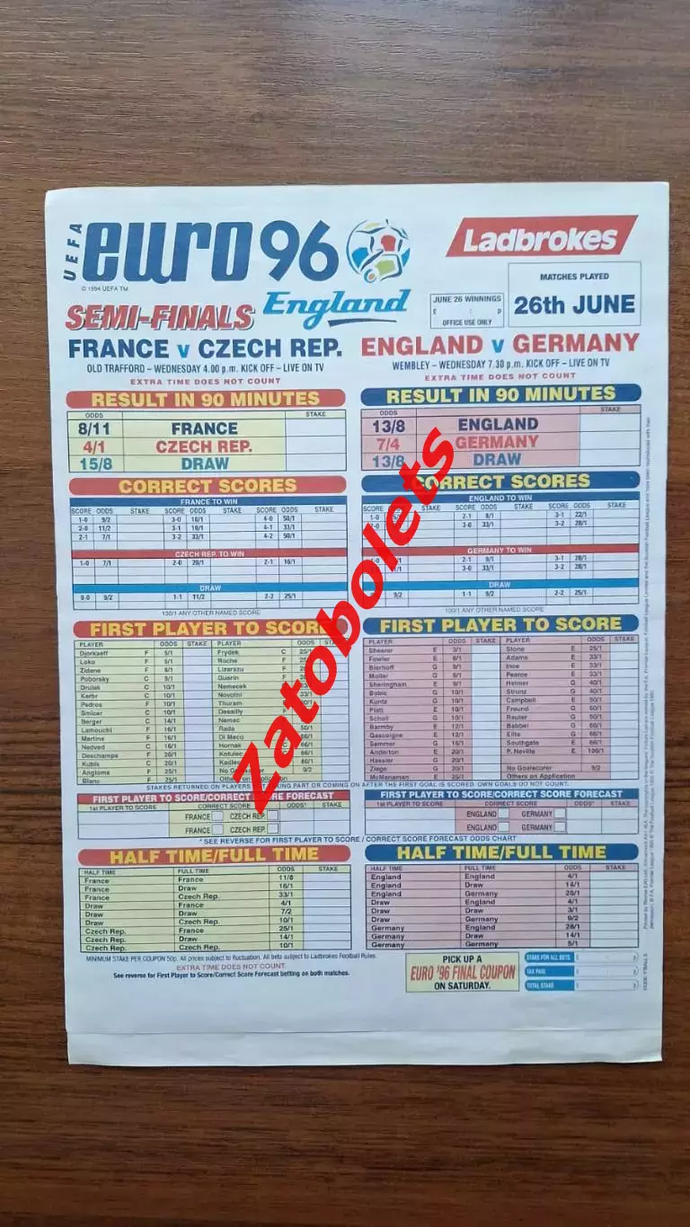 Франция - Чехия, Германия - Англия 1996 Чемпионат Европы Ladbrokes Ставки