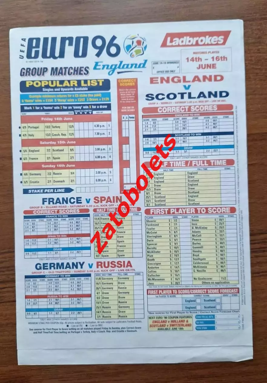 Англия Шотландия, Франция Германия Россия 1996 Чемпионат Европы Ladbrokes Ставки