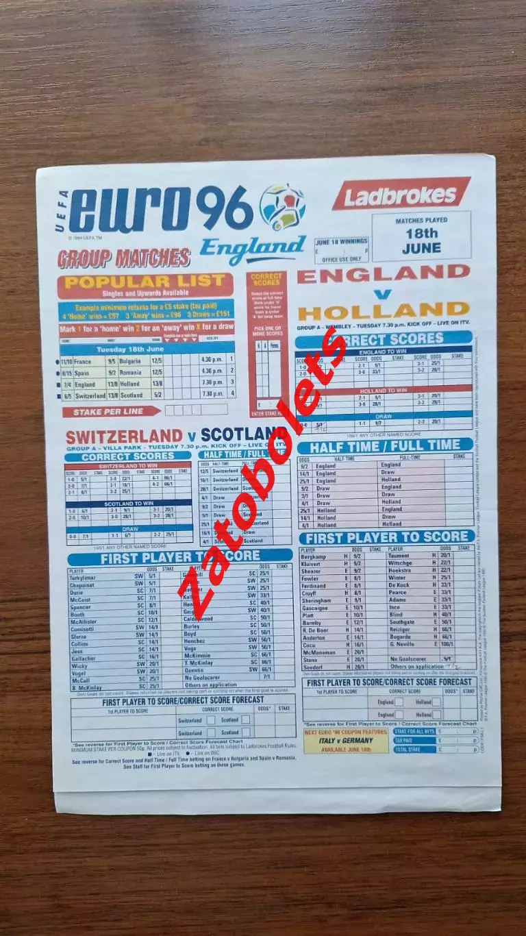Англия Голландия, Швейцария Шотландия 1996 Чемпионат Европы Ladbrokes Ставки