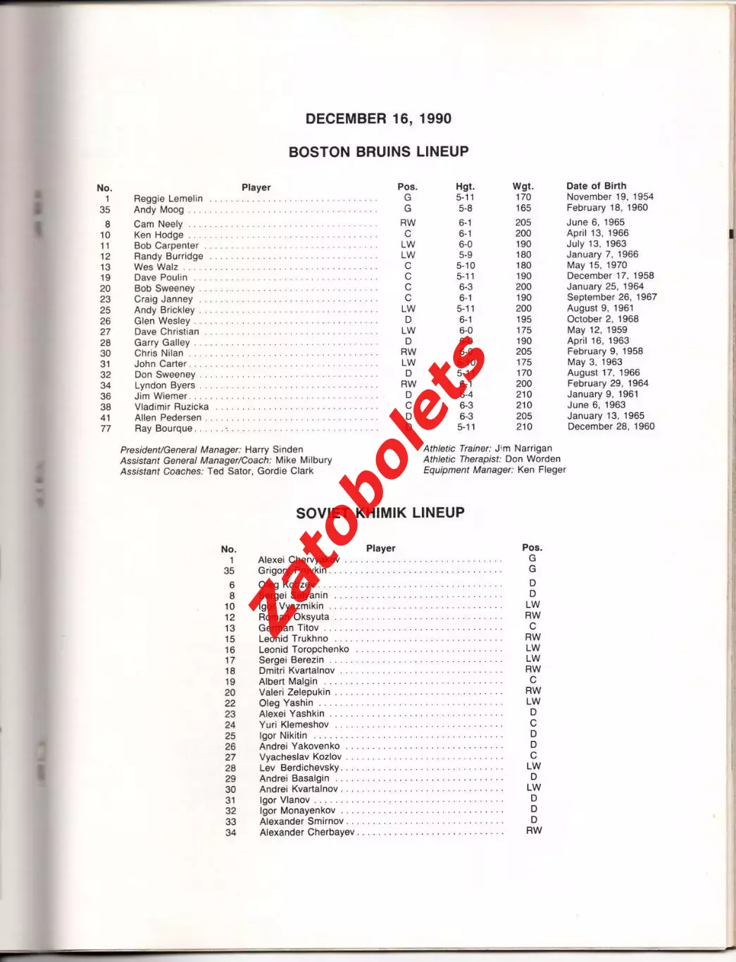 Хоккей Бостон Брюинз США - Химик Воскресенск СССР 1990 1