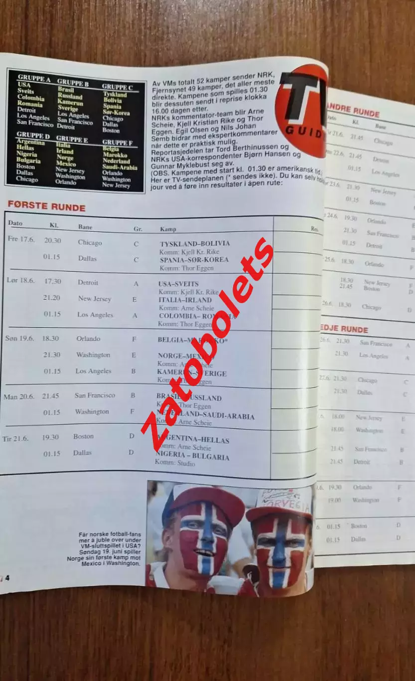 Чемпионат мира 1994 США Сборная России ТВ-гид представление команд изд.Норвегия 1