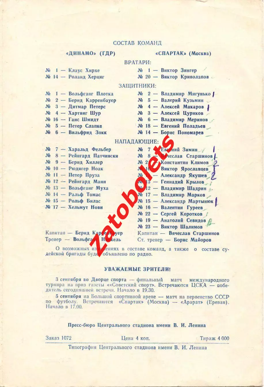 Спартак Москва СССР - Динамо ГДР 01.09.1970 Полуфинал Турнир Советский спорт 1