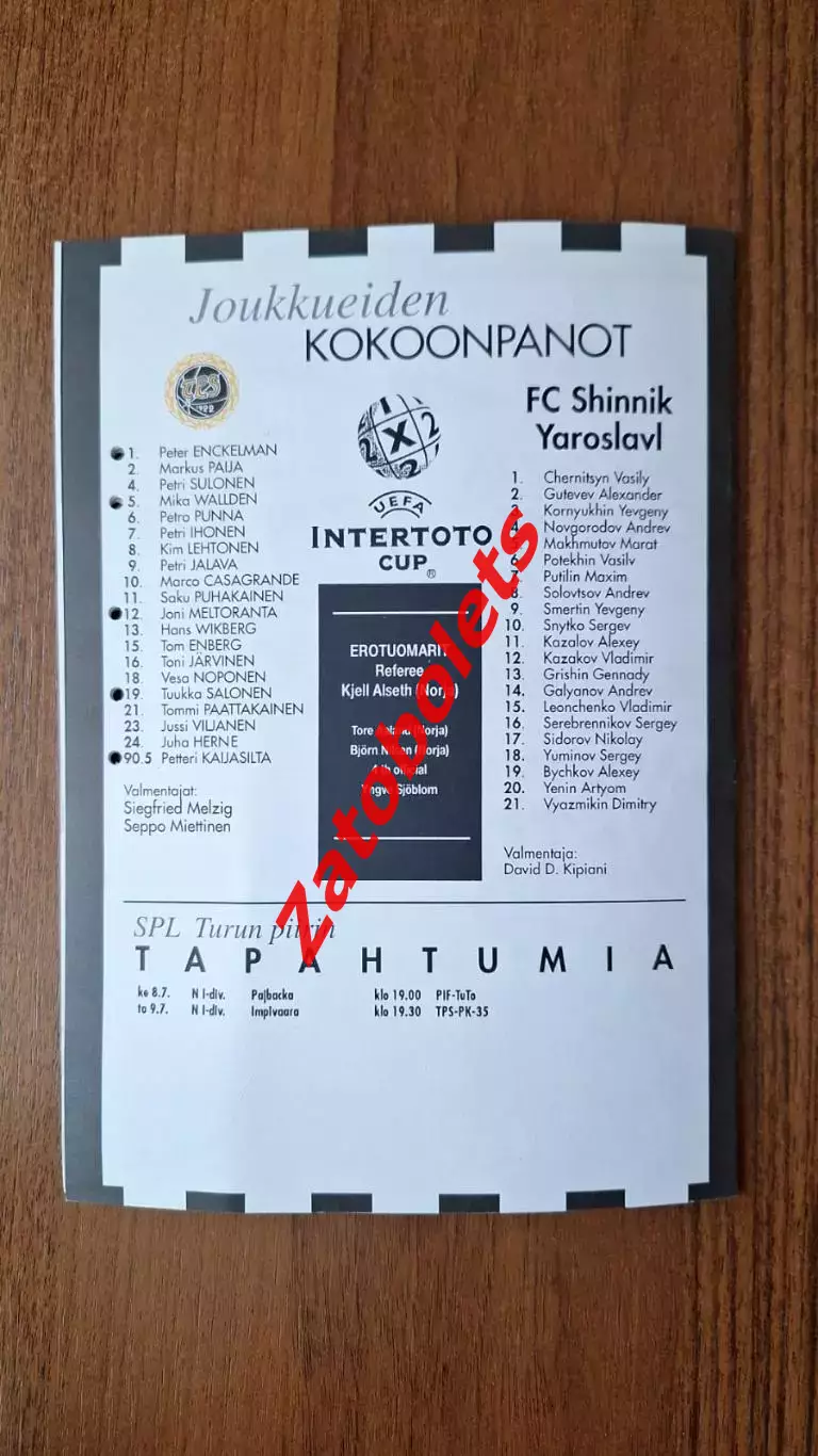 ТПС Турку Финляндия — Шинник Ярославль Россия 1998 Кубок Интертото 2