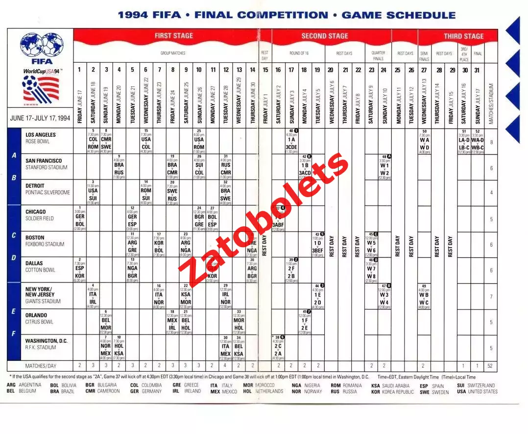 Футбол Чемпионат Мира 1994 карманный календарь 1
