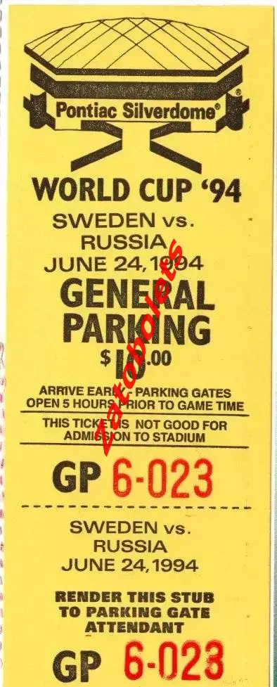 Швеция - Россия 1994 Чемпионат Мира по футболу Талон на парковку