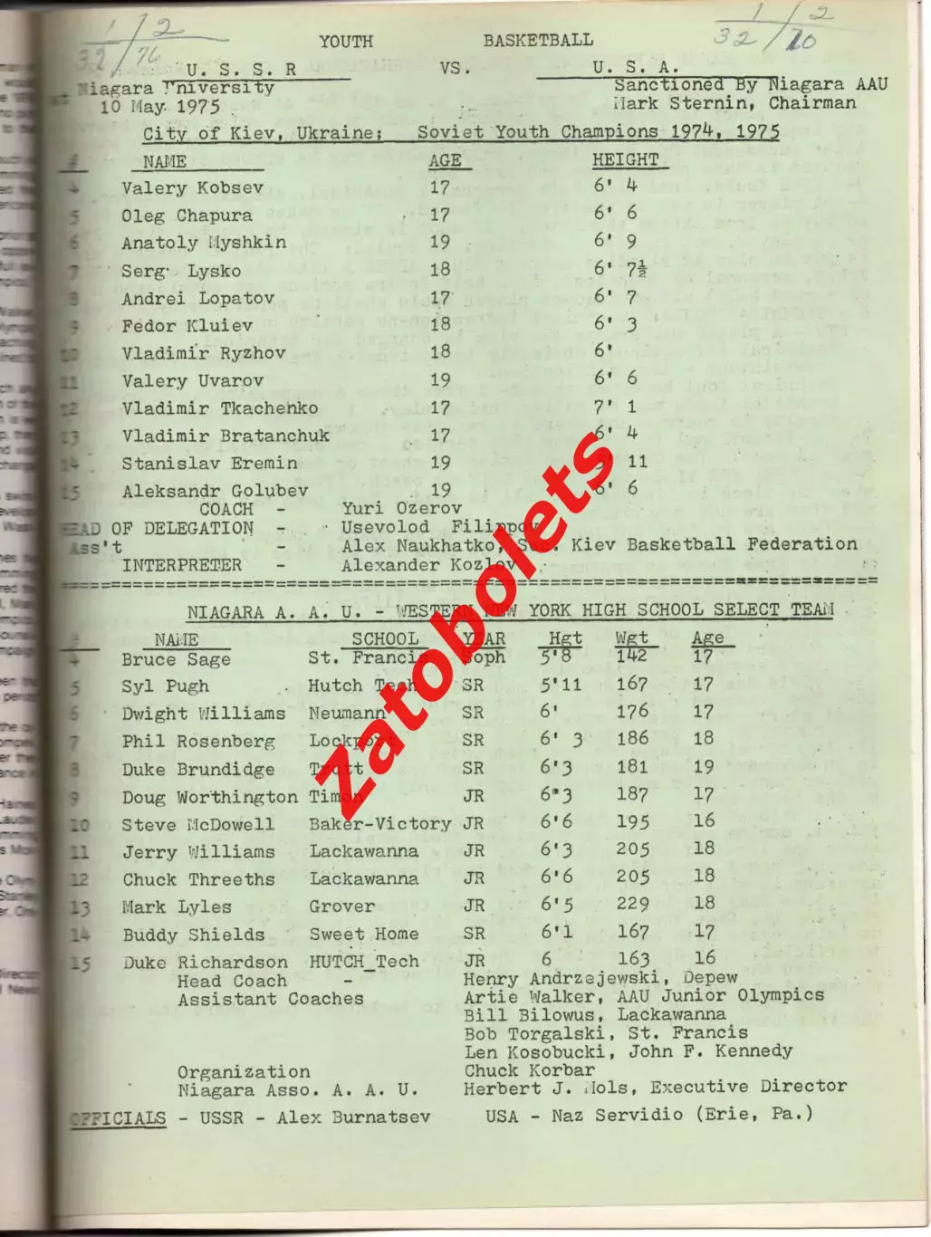 Баскетбол Ниагара - СССР юноши 10.05.1975 1