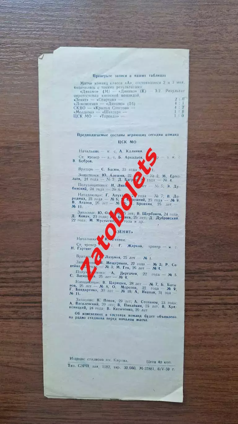 Зенит Ленинград - ЦСК МО ЦСКА Москва 1959 1