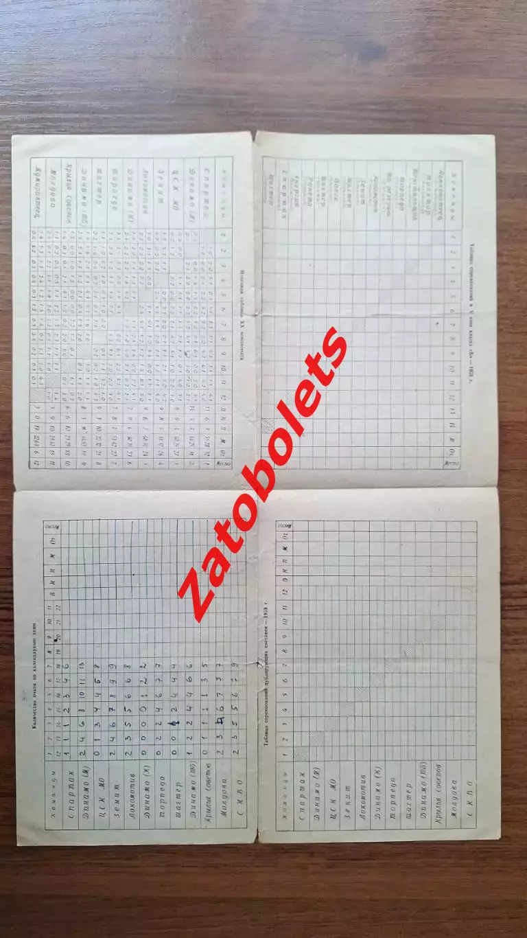 Чемпионат Таблица для заполения 1959 Итоговая таблица 1958 Фото Спартак Зенит