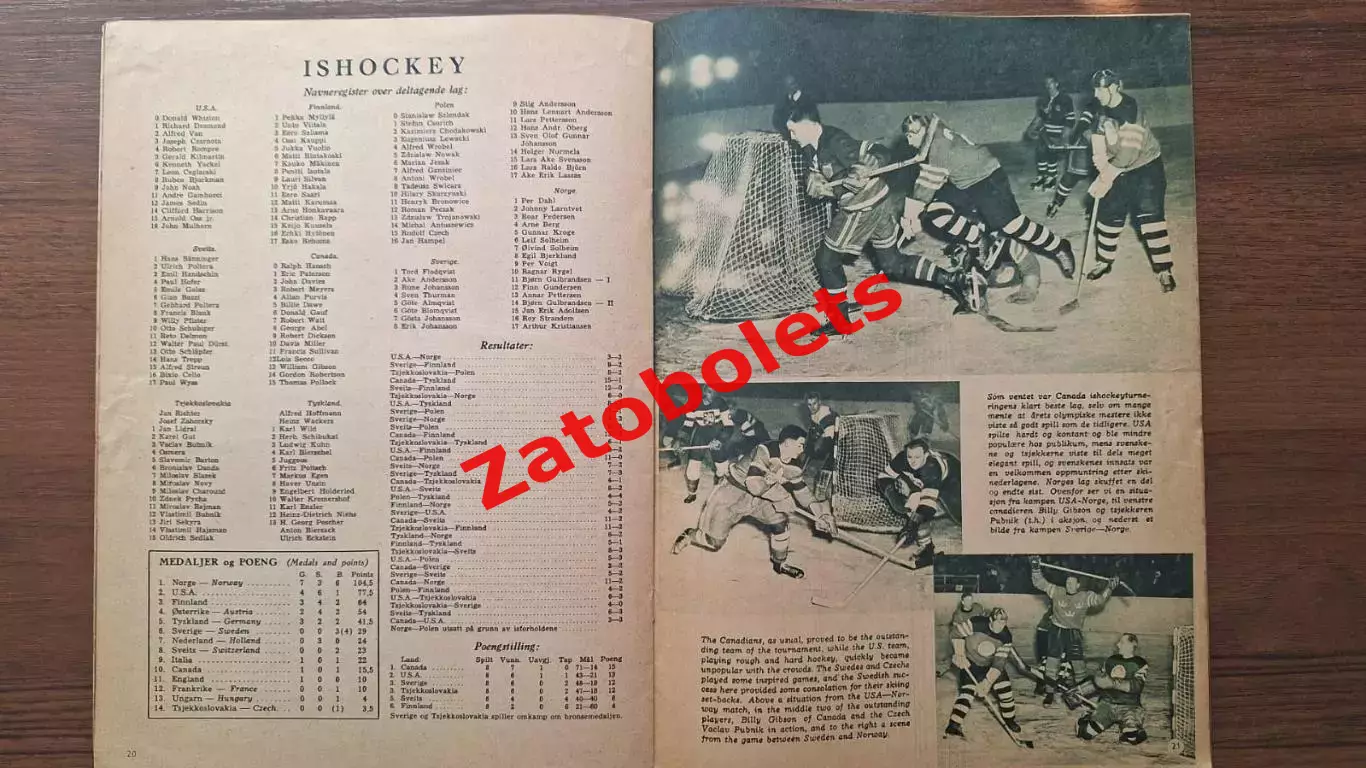 Хоккей Олимпийские Игры Олимпиада 1952 Осло Норвегия Канада США Швеция Польша* 5
