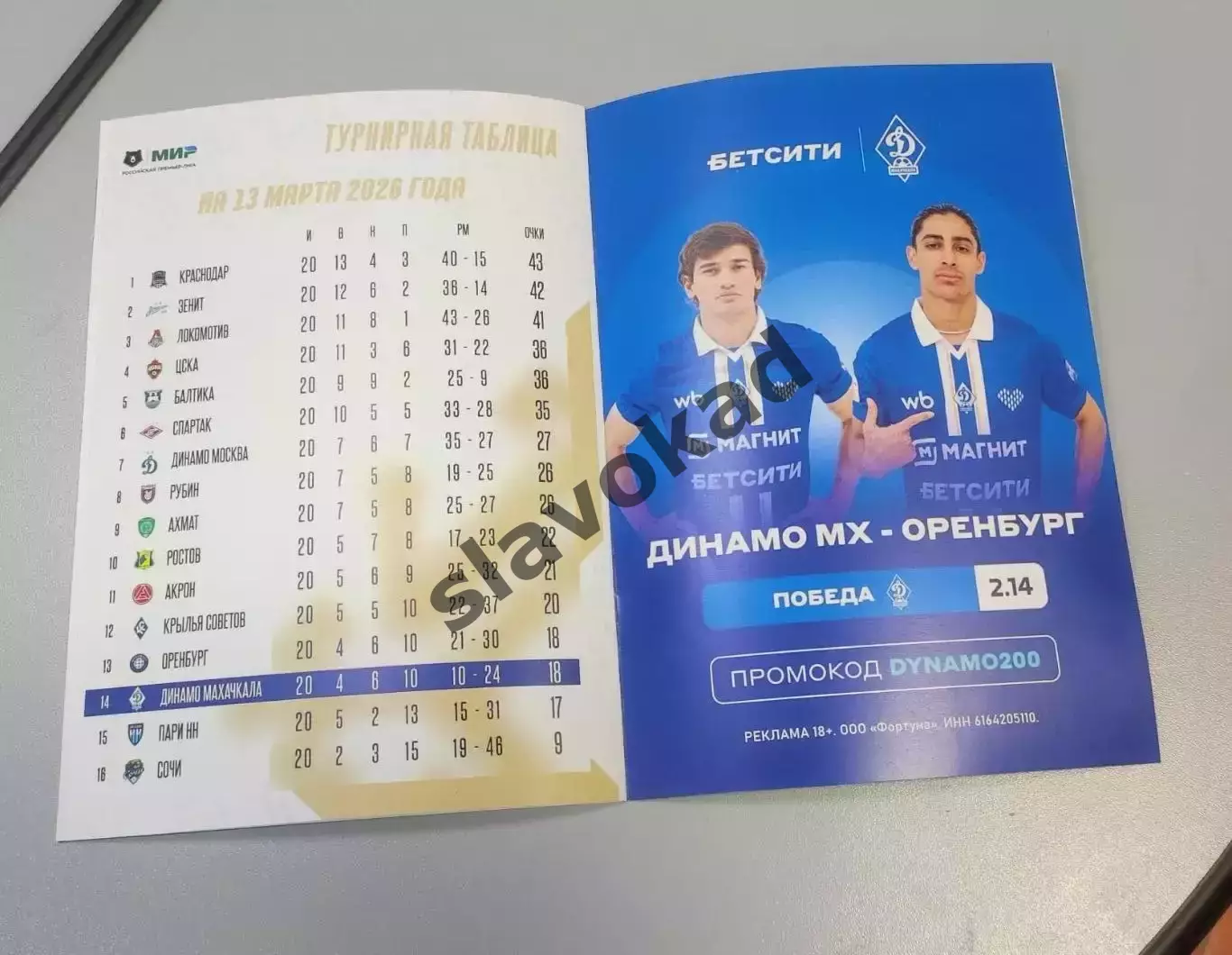 Динамо Махачкала - ФК Оренбург 13.03.2026 - программка к матчу 3