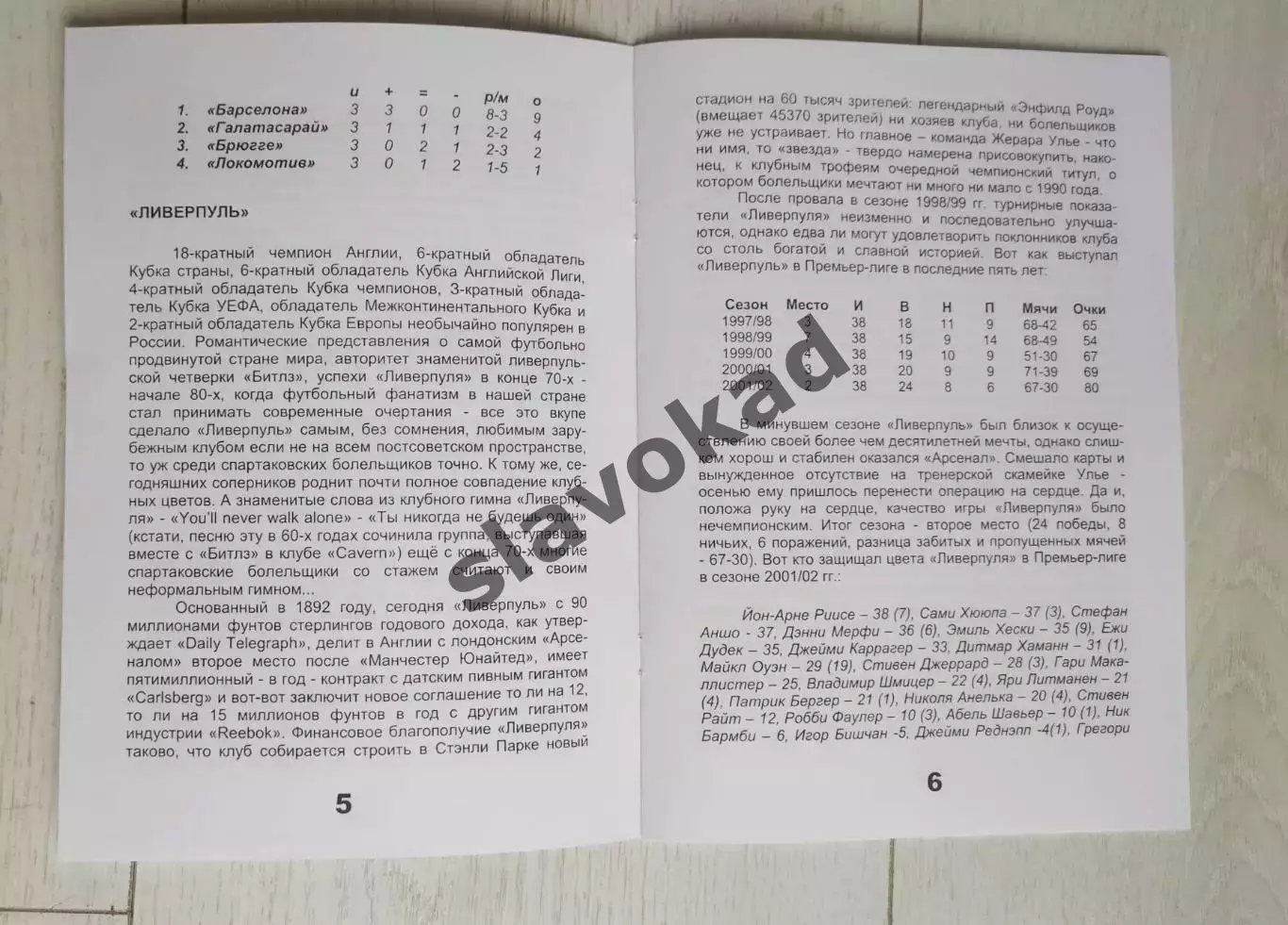 Спартак Москва - Ливерпуль Англия 22.10.2002 - КБ Спартак (изд Фикс) - РЕПРИНТ 2