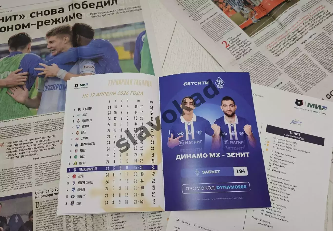 Динамо Махачкала - Зенит Санкт-Петербург 19.04.2026 - программка + протокол 3