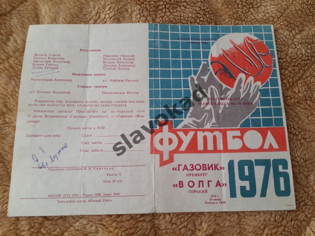 Газовик Оренбург - Волга Горький 10.06.1976