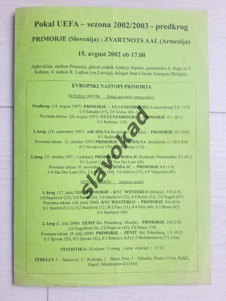 Приморье Словения - Звартноц Армения 15.08.2002 - Кубок УЕФА