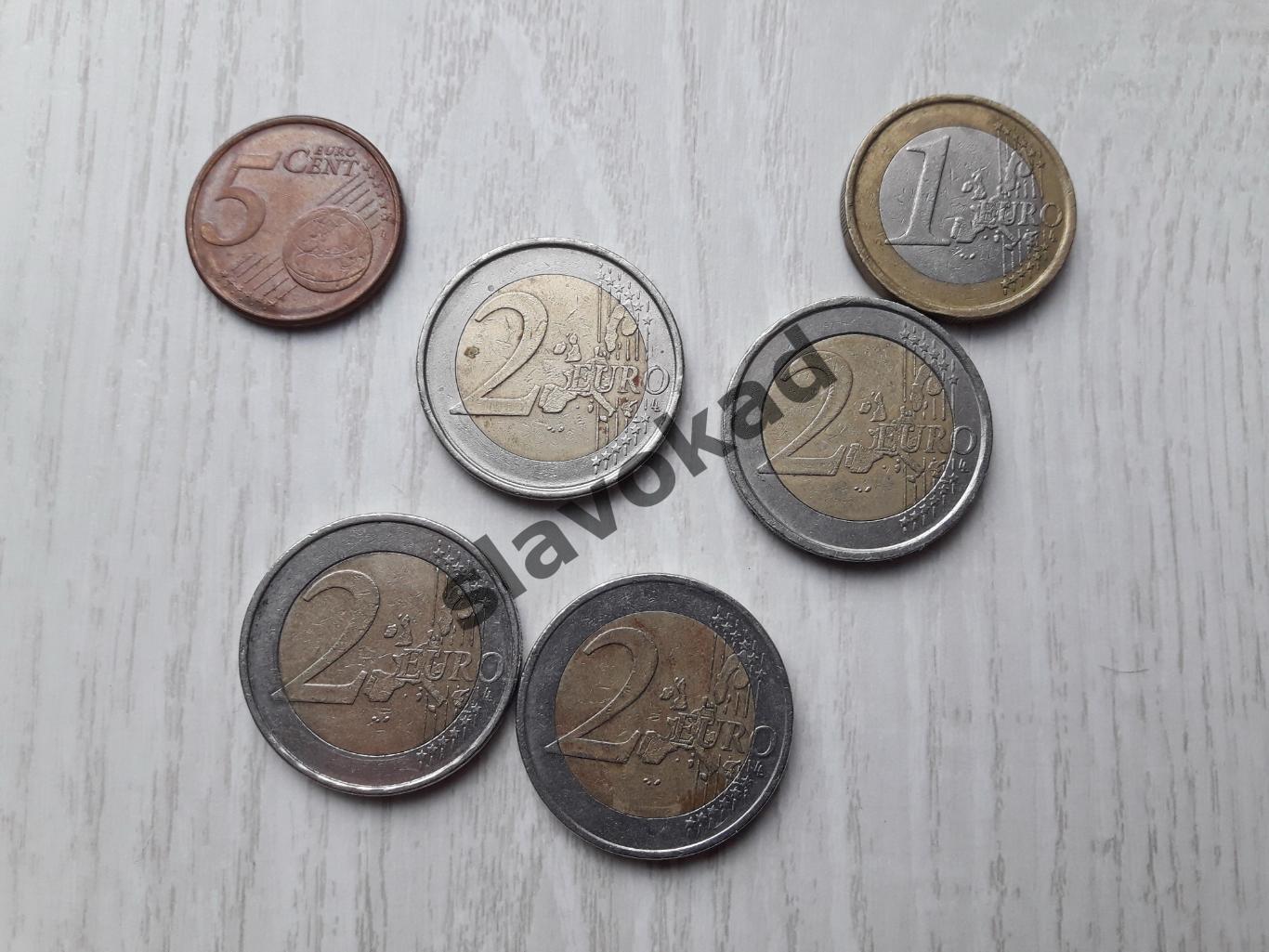 Коллекция из 6 монет - 2 евро (4 штуки), 1 евро (1 штука), 5 центов (1 штука)