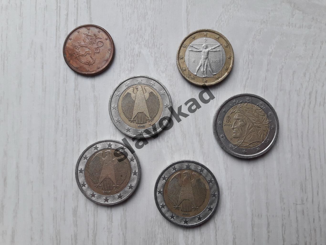 Коллекция из 6 монет - 2 евро (4 штуки), 1 евро (1 штука), 5 центов (1 штука) 1