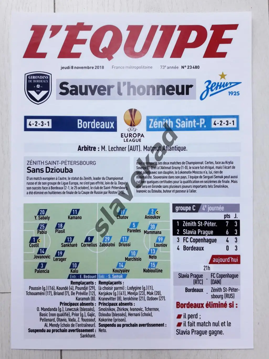 Бордо Франция - Зенит Санкт-Петербург 08.11.2018 - вкладка в издание L'EQUIPE