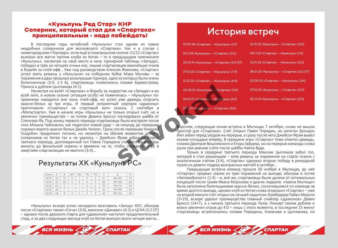 Спартак Москва - Куньлунь Ред Стар 24.12.2023 - официальная программа 2
