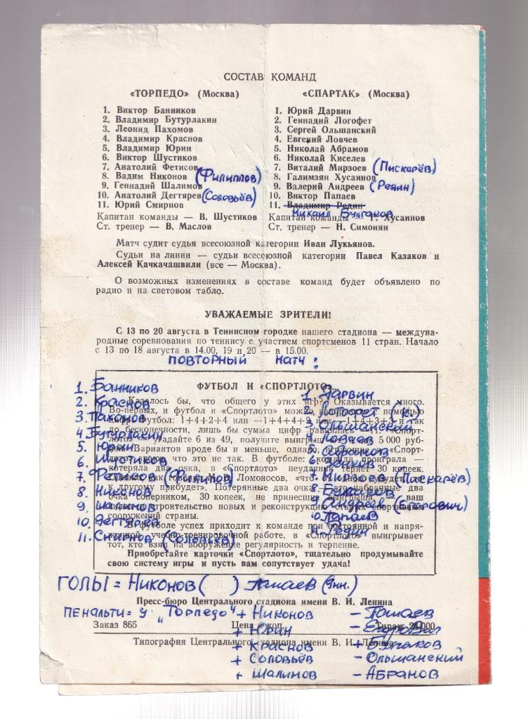 Программа Спартак - Торпедо Финал Кубка СССР 1972г. с 16 автографами 1