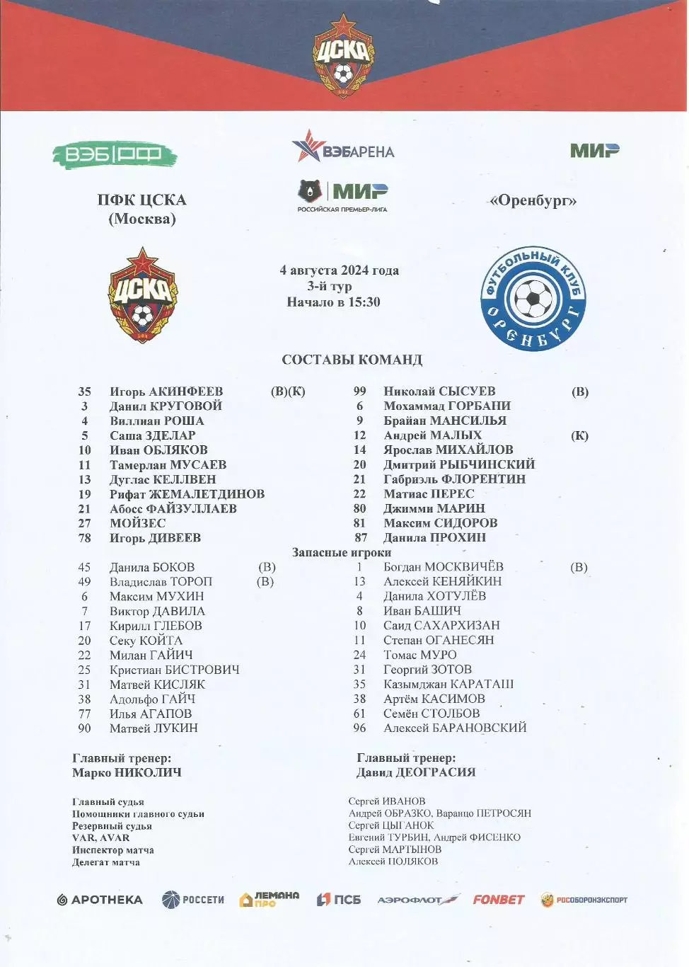 Стартовый протокол матча ПФК ЦСКА(Москва) - Оренбург(Оренбург) 4.08.2024
