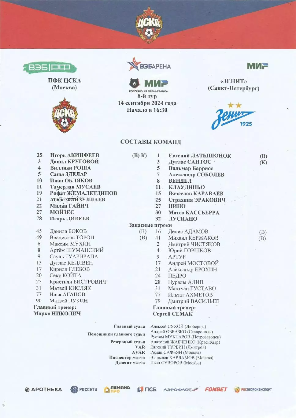 Стартовый протокол матча ПФК ЦСКА(Москва) - Зенит(Санкт-Петербург) 14.09.2024