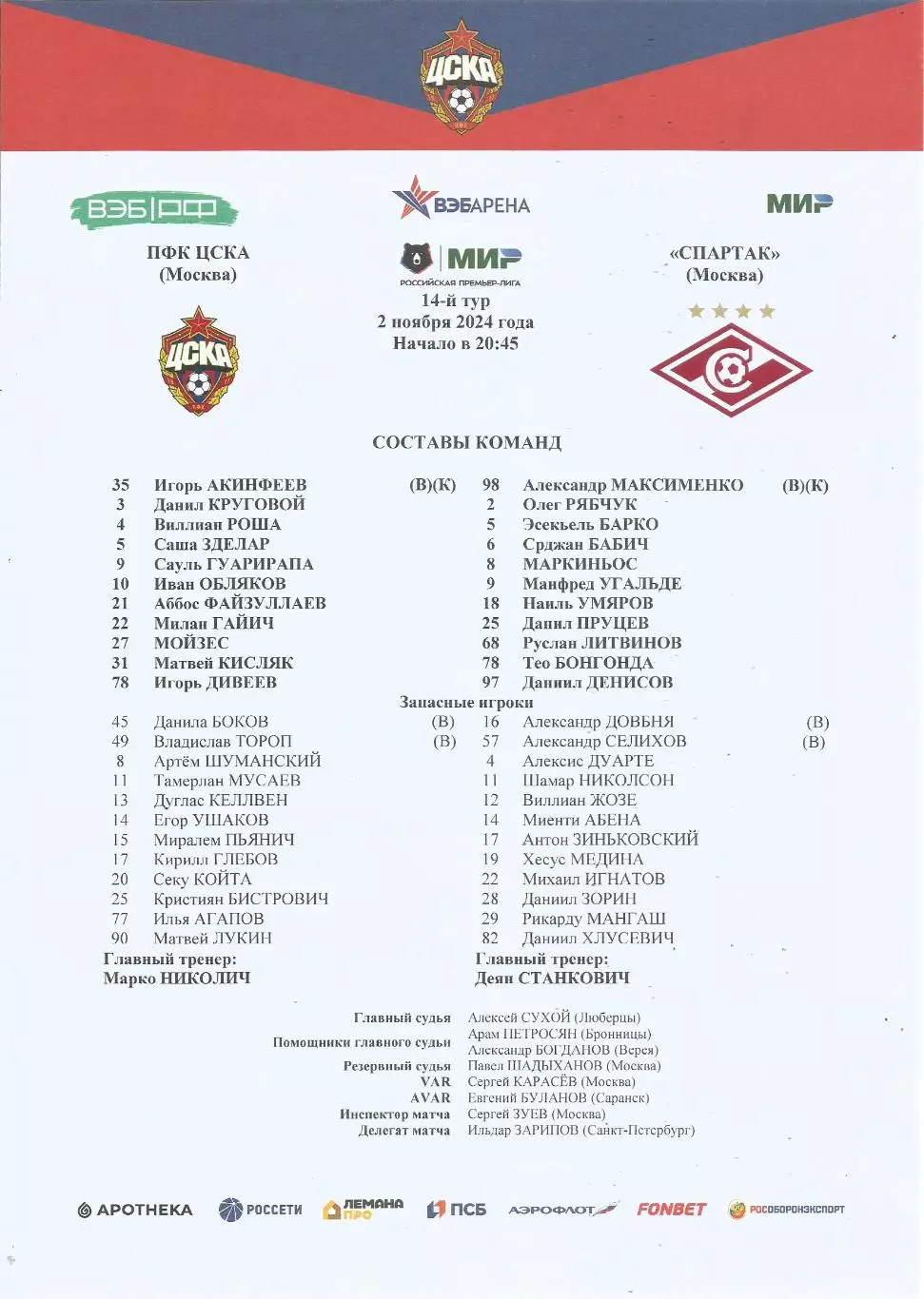 Стартовый протокол матча ПФК ЦСКА(Москва) - Спартак(Москва) 2.11.2024